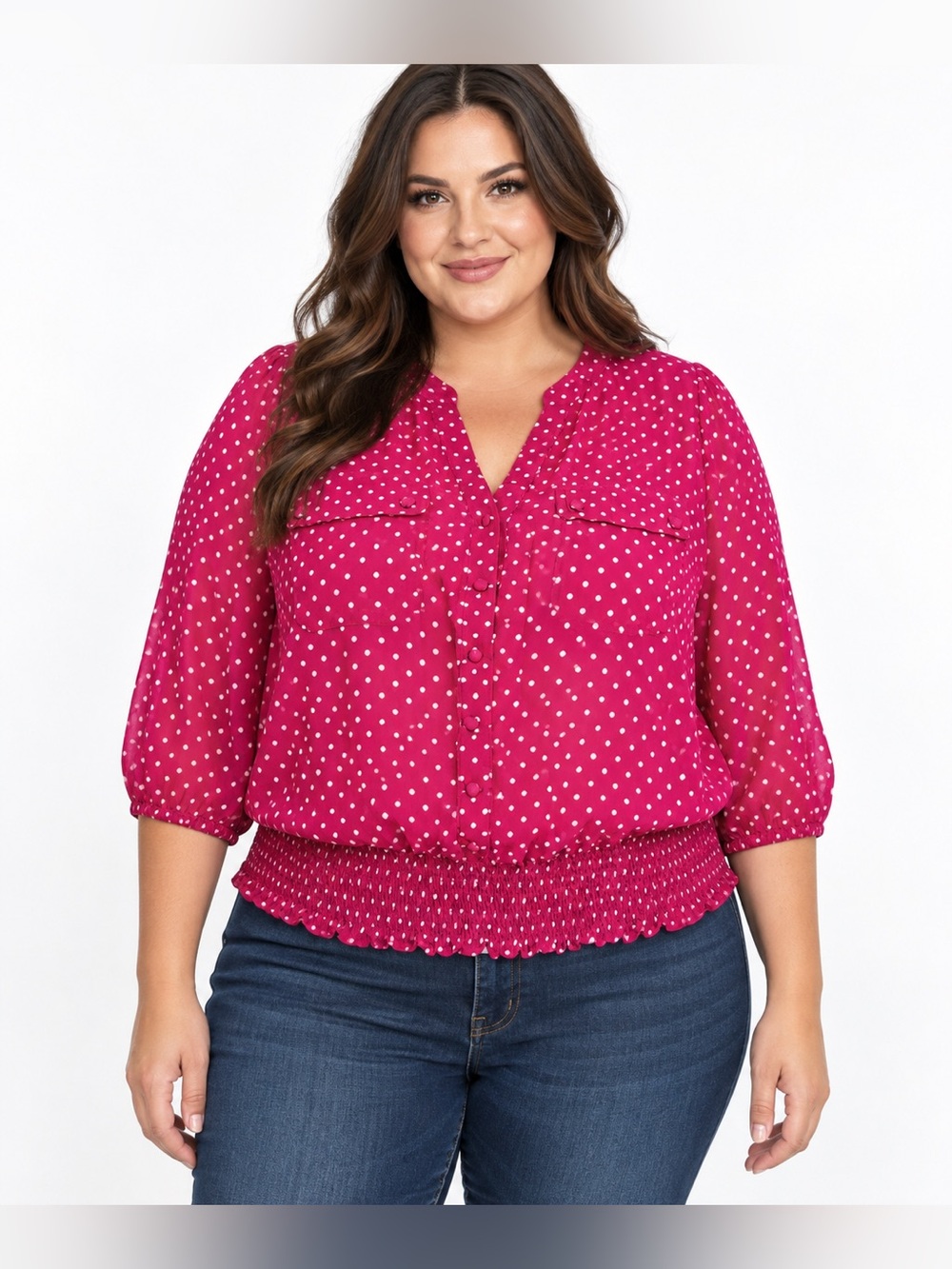 Torrid Women’s Size 1 14/16 Pink White Polka Dot Blouse Smocked Waist 3/4 Sleeve